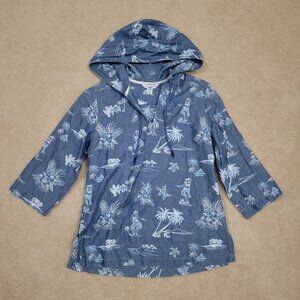 Tommy Bahama Hoodie Womens Medium Blue White Palm Frenzy Hawaiian Vacation